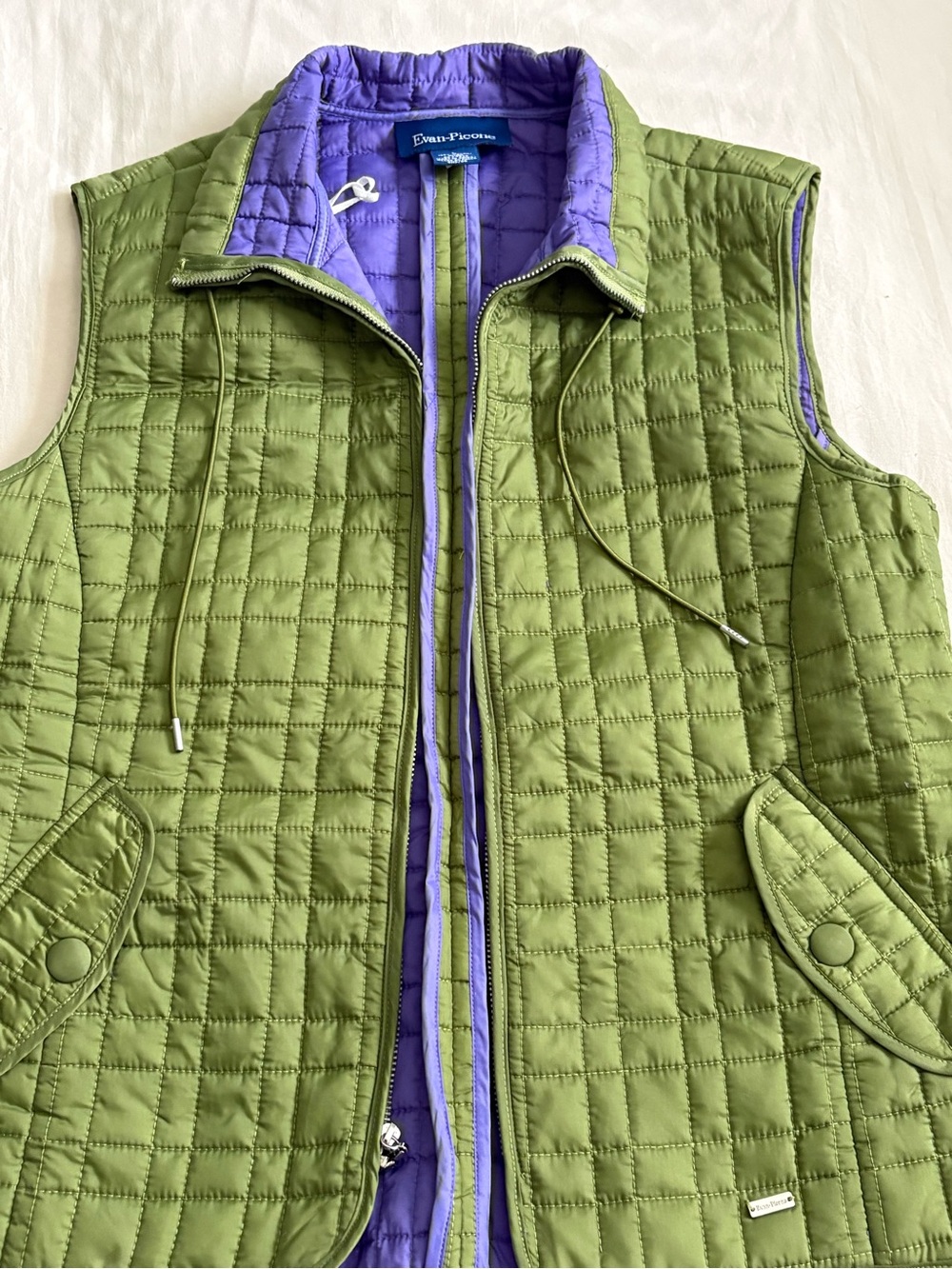 Evan Picone Olive Green Quilted Vest Size Large Puffer Jacket Purple Lining